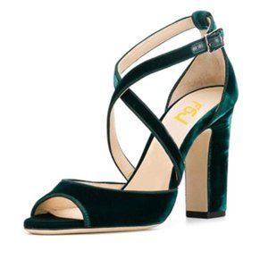 FSJ Emerald Peep Toe Chunky High Heel Cross Strap Velvet Sandals